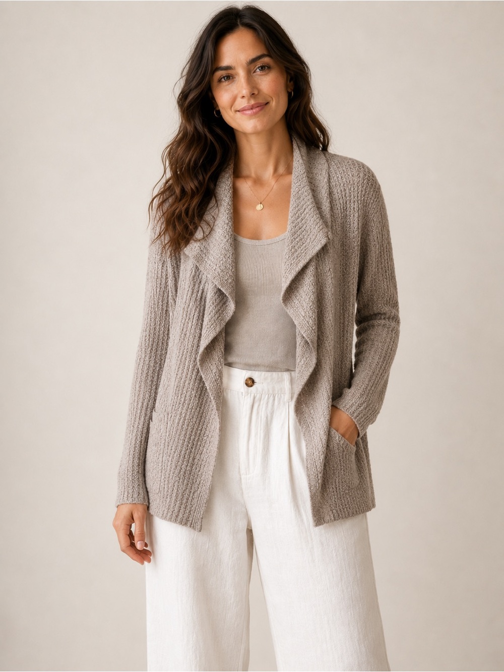 BAREFOOT DREAMS Waffle Knit CozyChic Lite Soft Coastal Cardigan Tan Beige Small